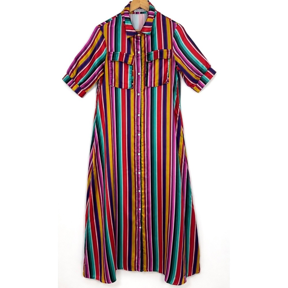 Rainbow‎ Stripe Satin Shirt Dress M Colorful Art To Wear Pride Festival Maxi